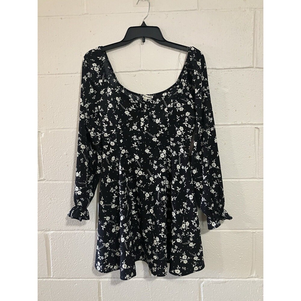 Inspired Hearts Women's Mini Dress Black & White Floral, Long Sleeves, Ruffled L